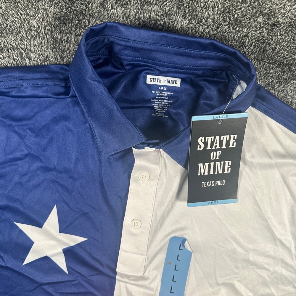 State Of Mine Texas Flag Performance Polo Golf Shirt Mens L Blue Colorblock NWT